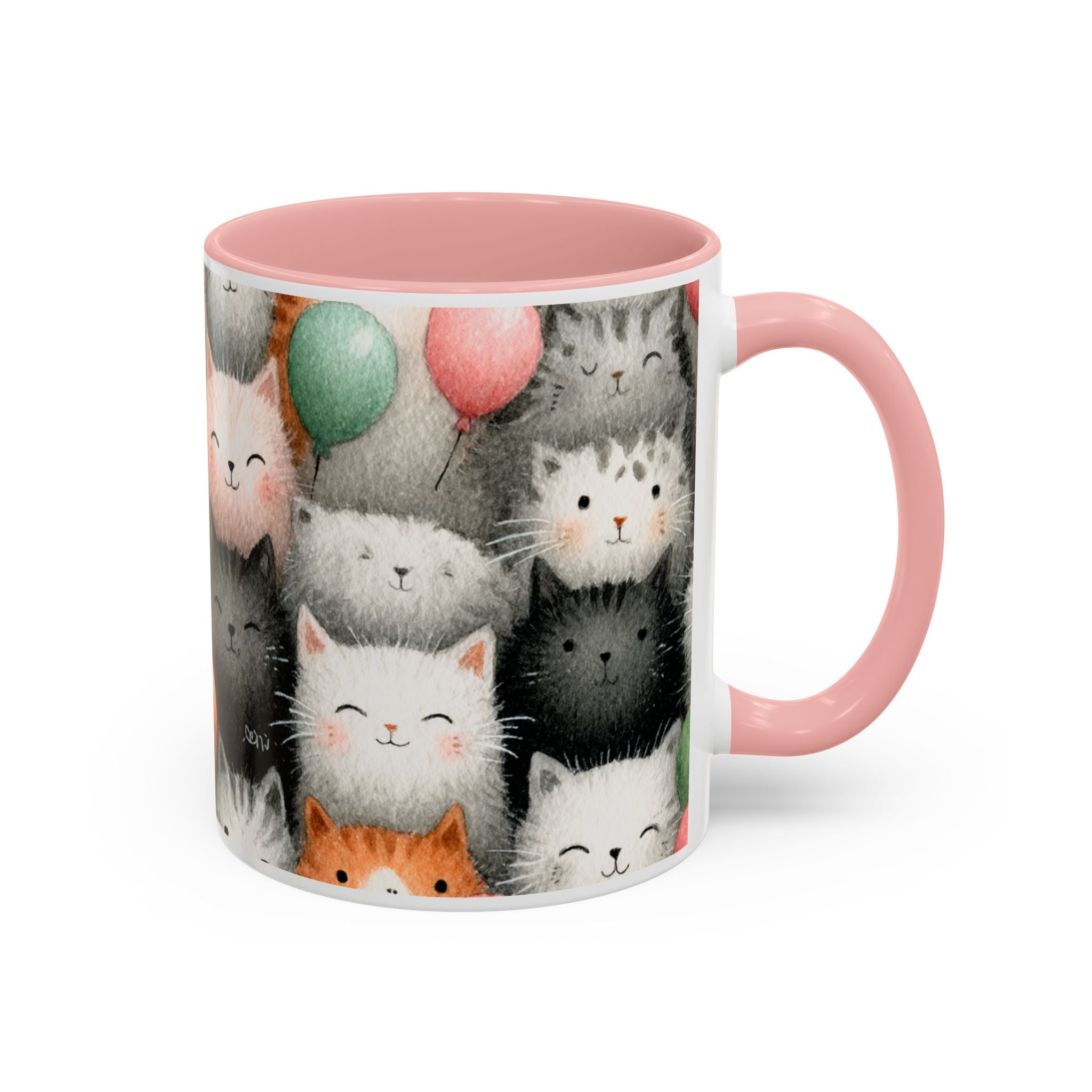 Cute Cat Pattern Accent Coffee Mug — Happy Kittens with Balloons (11/15 oz)