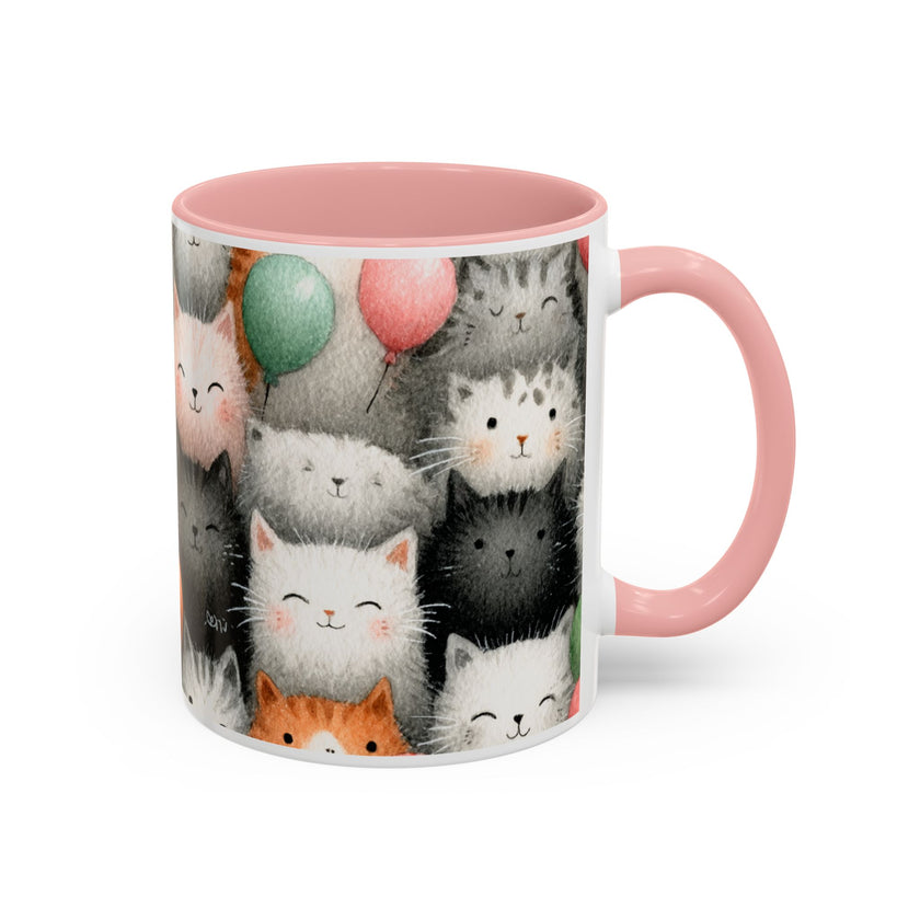 Cute Cat Pattern Accent Coffee Mug — Happy Kittens with Balloons (11/15 oz)