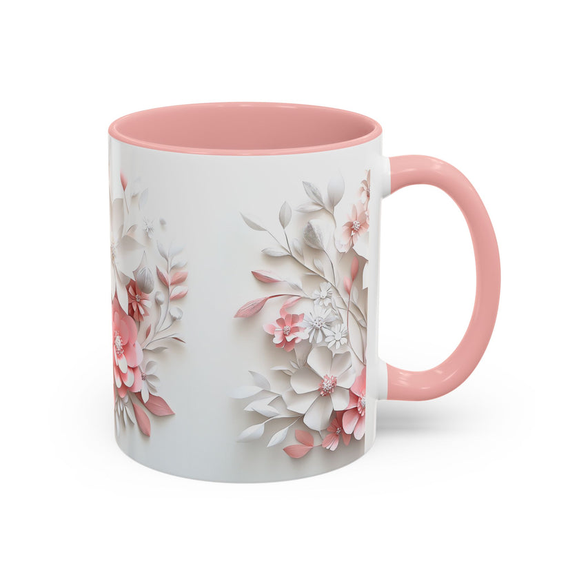 Floral Paper-Cut Accent Coffee Mug — Pink & White Blossom Design (11/15 oz)