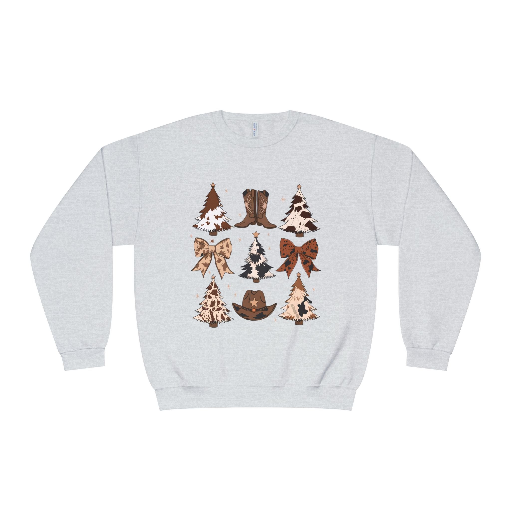 Christmas Cowboy/Cowgirl Sweatshirt — Western Cowhide Trees & Boots Holiday Crewneck