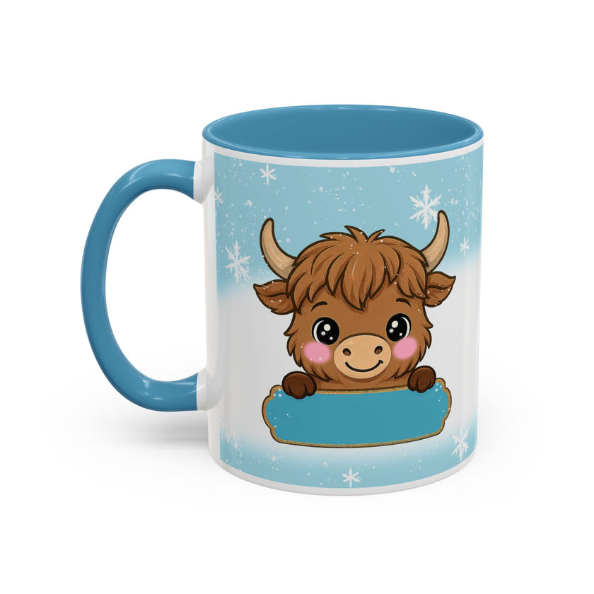 Cute Highland Cow Accent Coffee Mug — Winter Snowflake Design