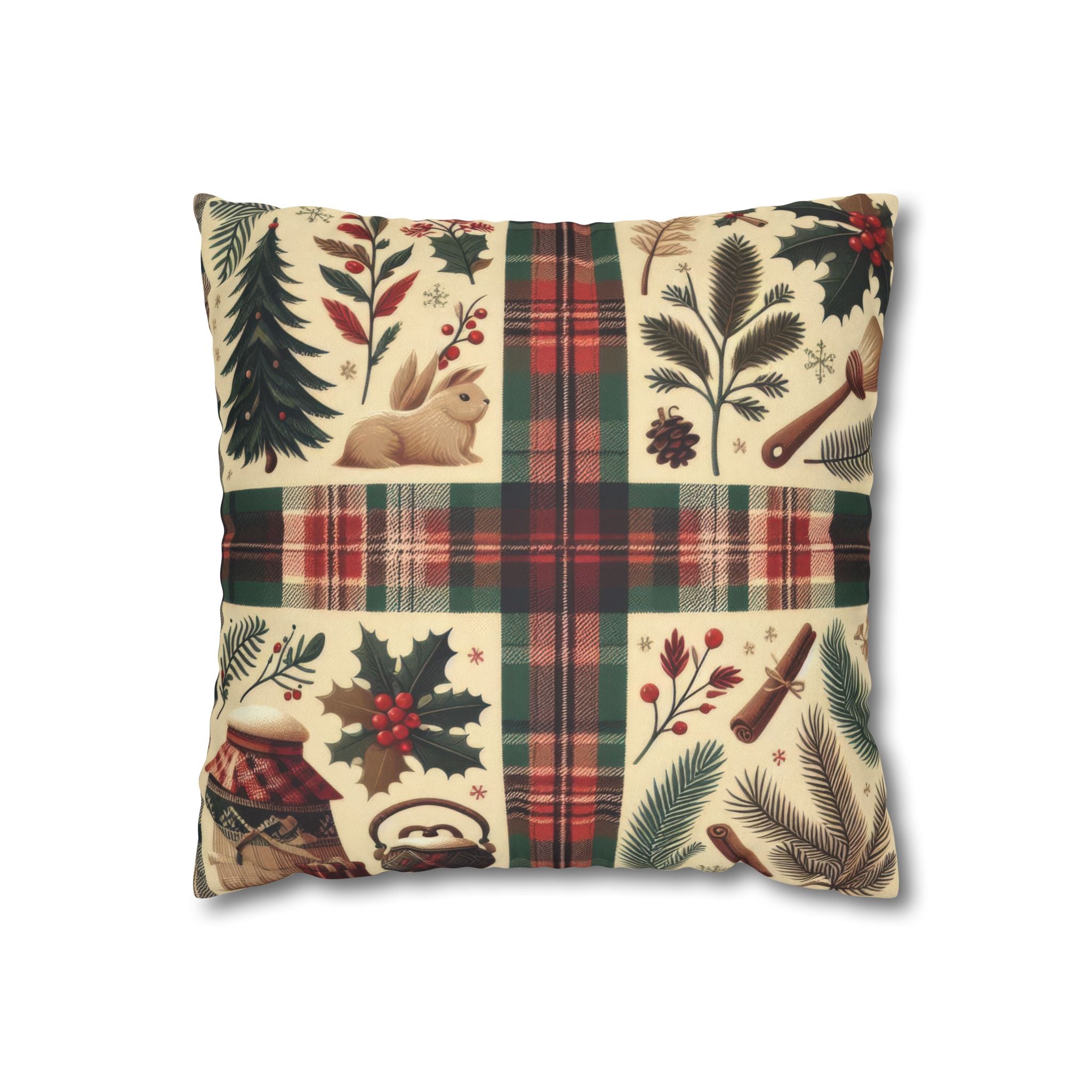 Rustic Holiday Plaid Pillowcase — Winter Woodland Faux Suede Throw Pillow Cover