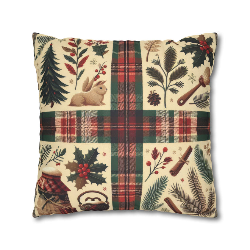 Rustic Holiday Plaid Pillowcase — Winter Woodland Faux Suede Throw Pillow Cover