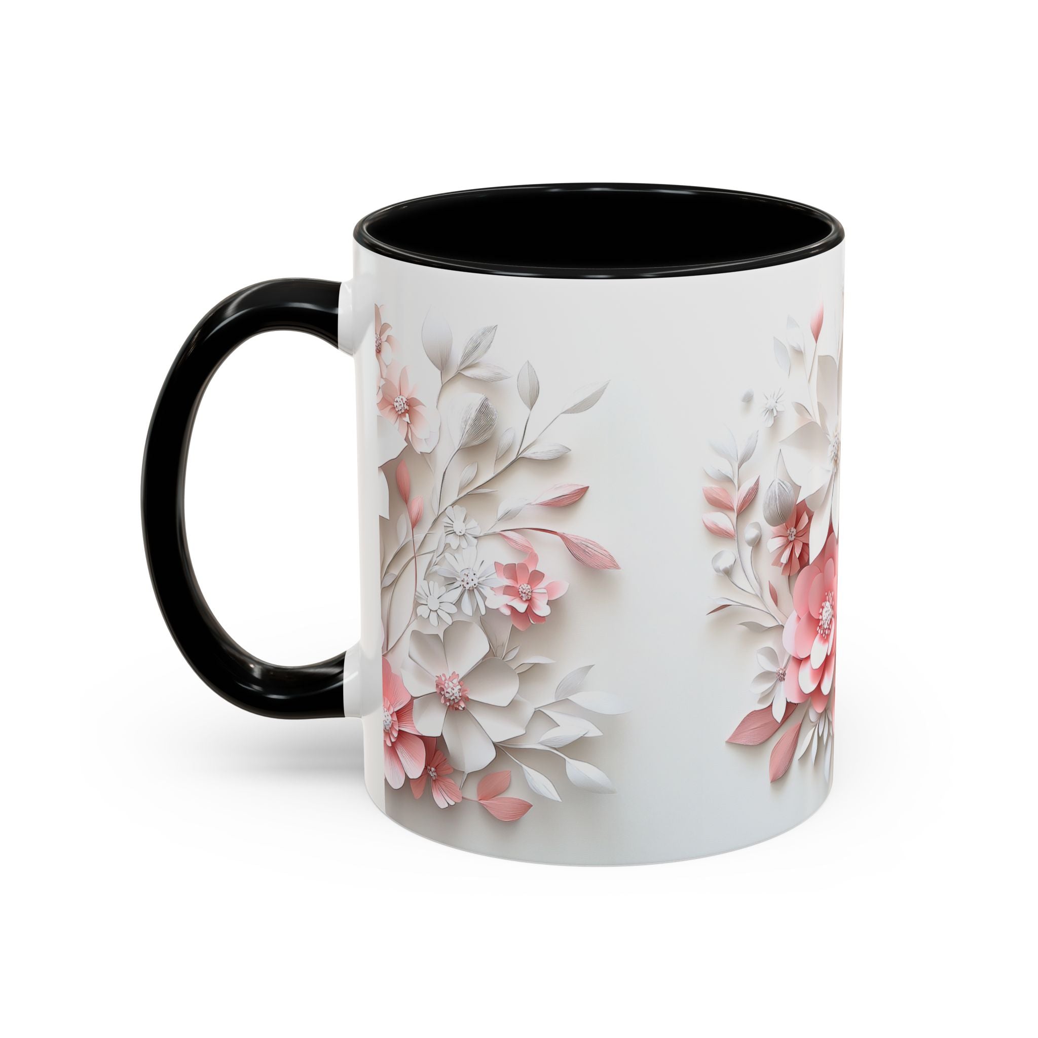 Floral Paper-Cut Accent Coffee Mug — Pink & White Blossom Design (11/15 oz)
