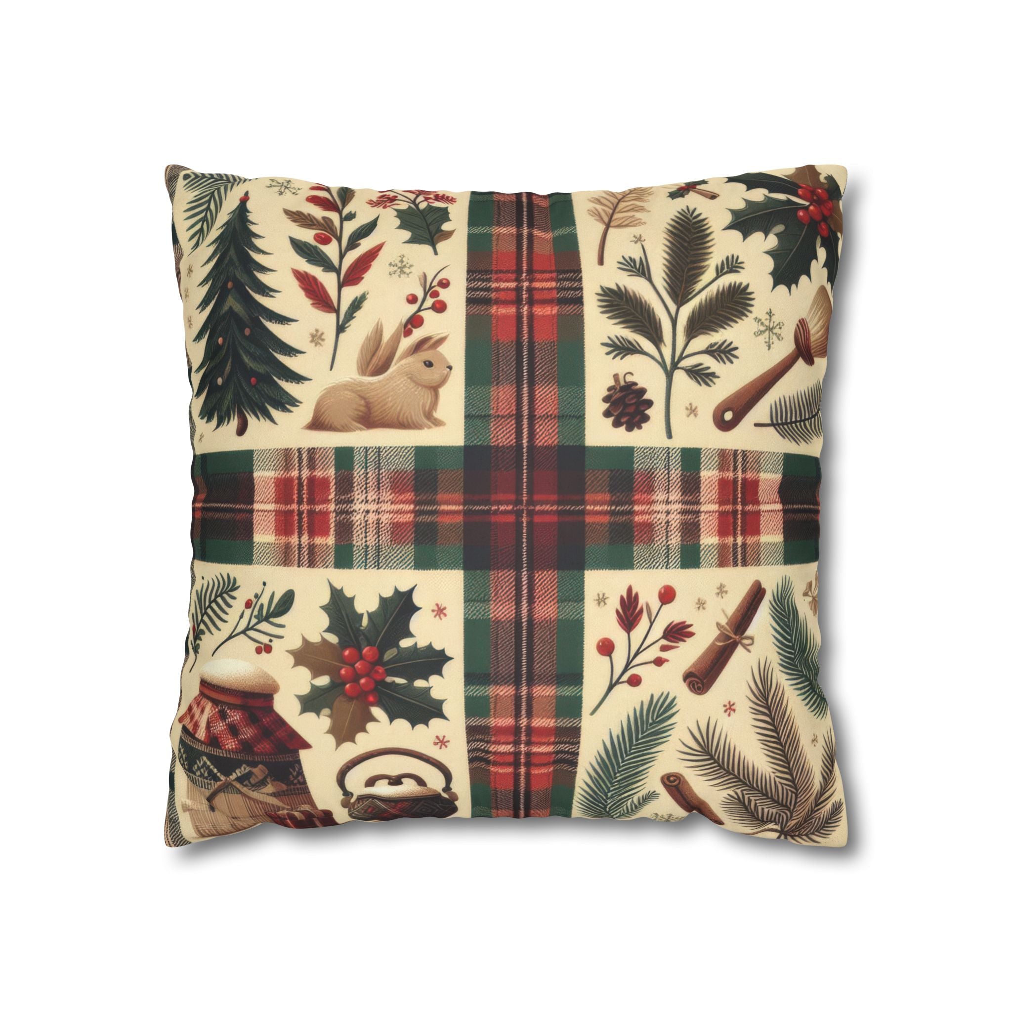 Rustic Holiday Plaid Pillowcase — Winter Woodland Faux Suede Throw Pillow Cover