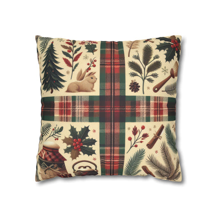 Rustic Holiday Plaid Pillowcase — Winter Woodland Faux Suede Throw Pillow Cover