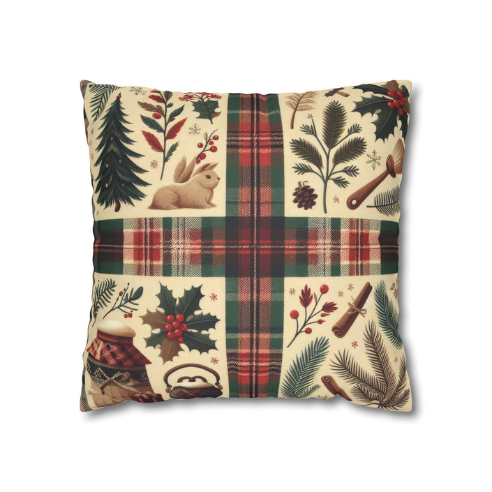 Rustic Holiday Plaid Pillowcase — Winter Woodland Faux Suede Throw Pillow Cover