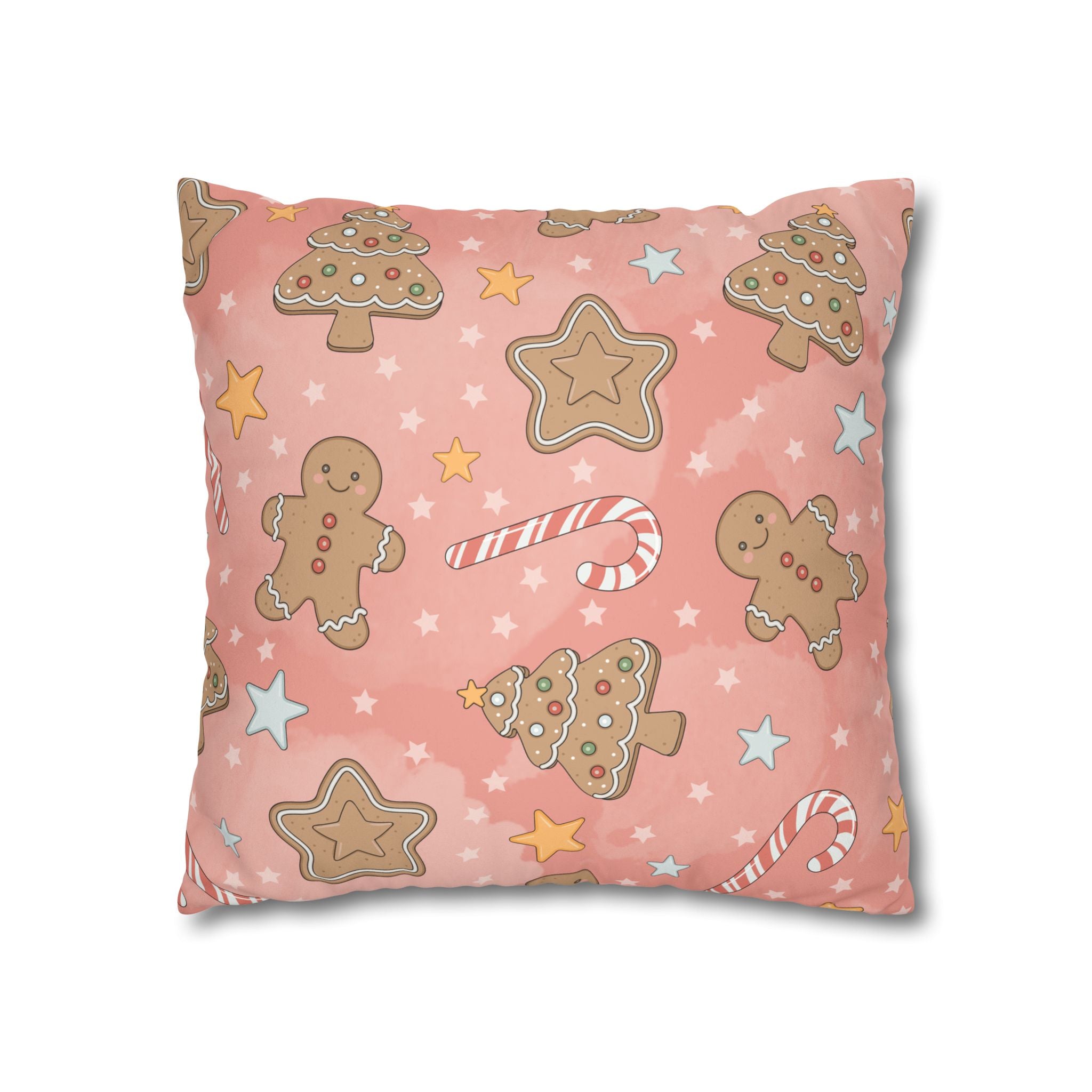 Gingerbread Cookies Pink Holiday Throw Pillow Cover — Faux Suede Square Pillowcase