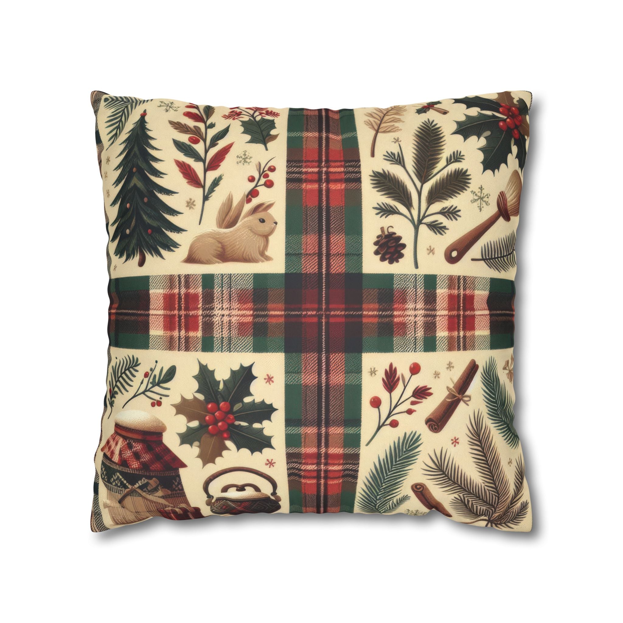 Rustic Holiday Plaid Pillowcase — Winter Woodland Faux Suede Throw Pillow Cover
