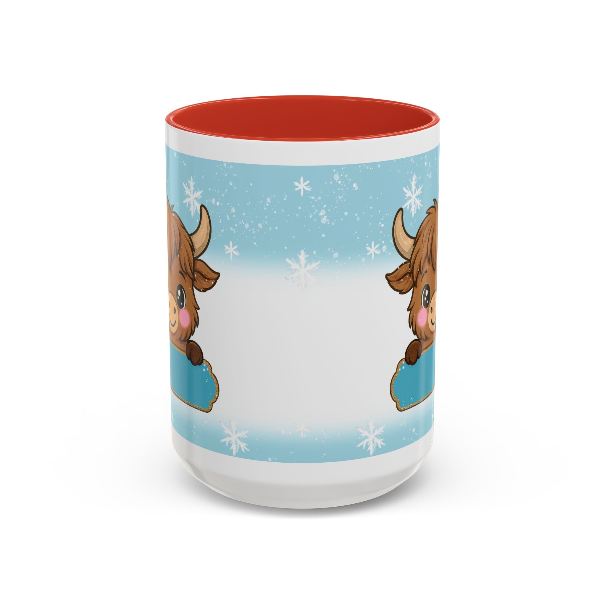 Cute Highland Cow Accent Coffee Mug — Winter Snowflake Design