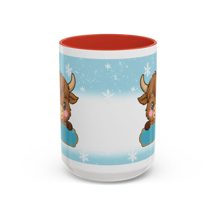 Cute Highland Cow Accent Coffee Mug — Winter Snowflake Design