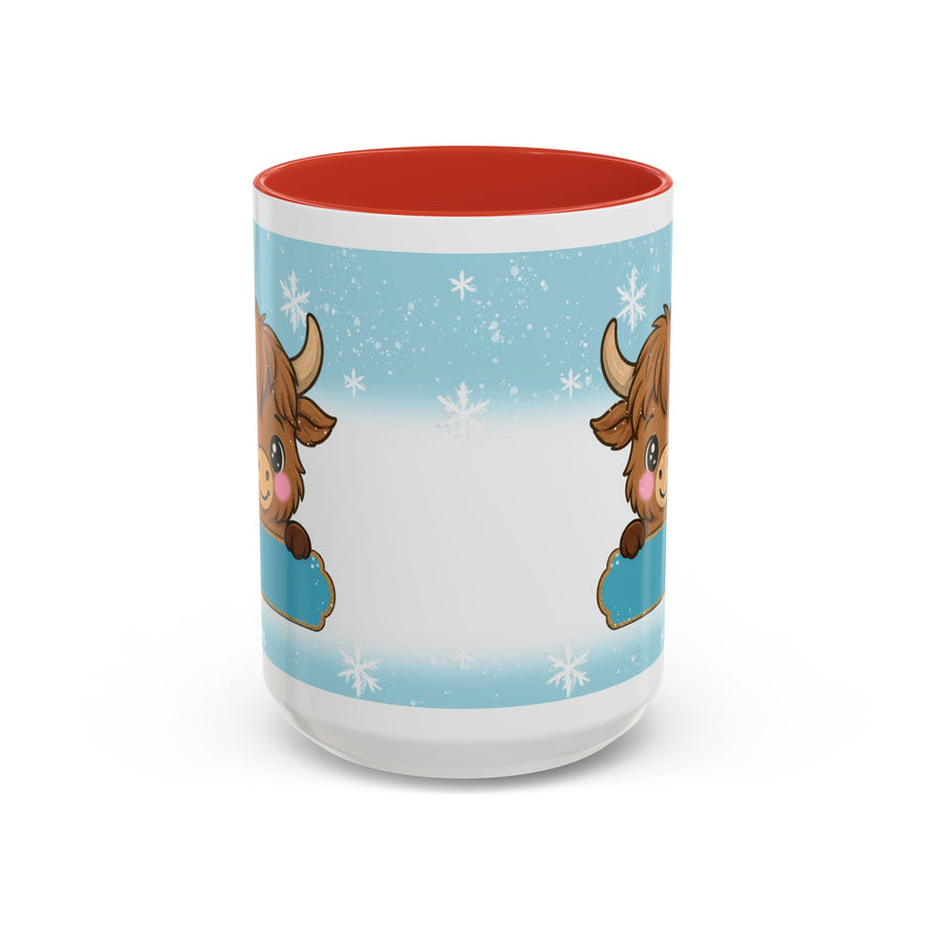 Cute Highland Cow Accent Coffee Mug — Winter Snowflake Design