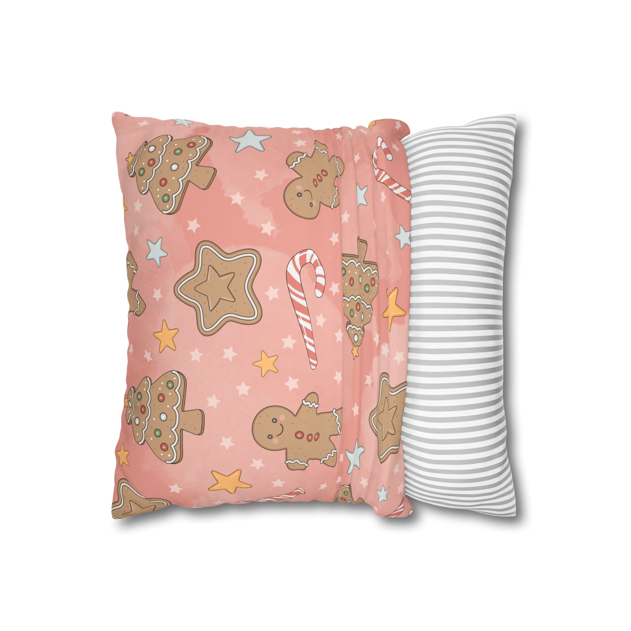 Gingerbread Cookies Pink Holiday Throw Pillow Cover — Faux Suede Square Pillowcase