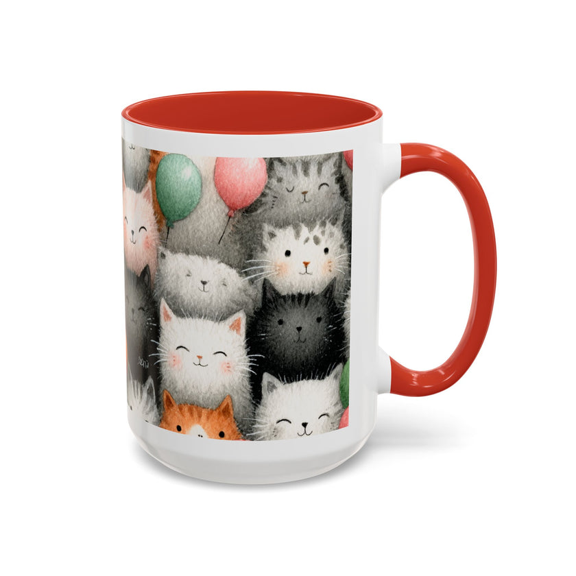 Cute Cat Pattern Accent Coffee Mug — Happy Kittens with Balloons (11/15 oz)