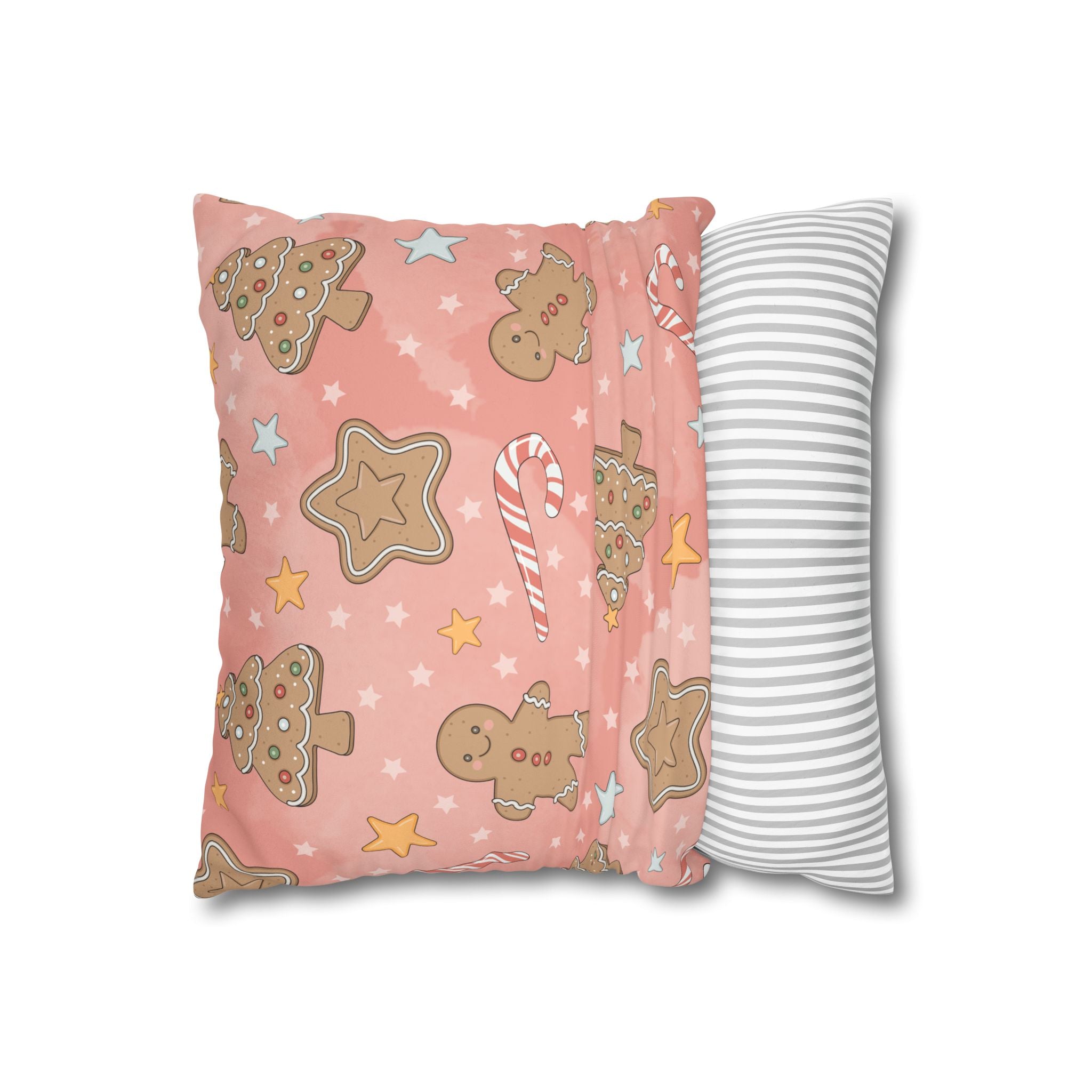 Gingerbread Cookies Pink Holiday Throw Pillow Cover — Faux Suede Square Pillowcase