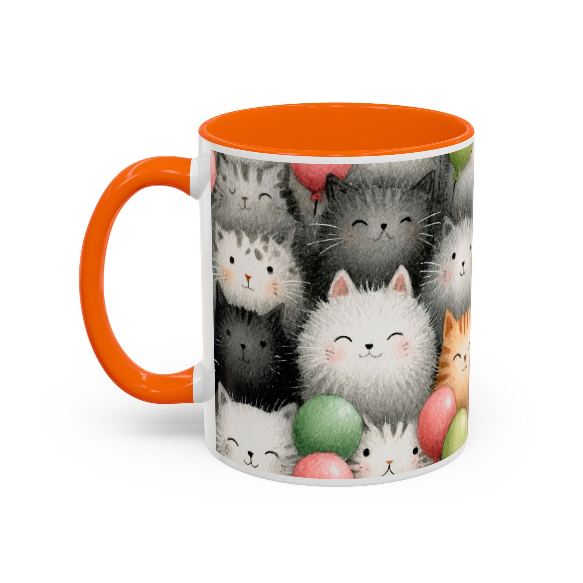 Cute Cat Pattern Accent Coffee Mug — Happy Kittens with Balloons (11/15 oz)
