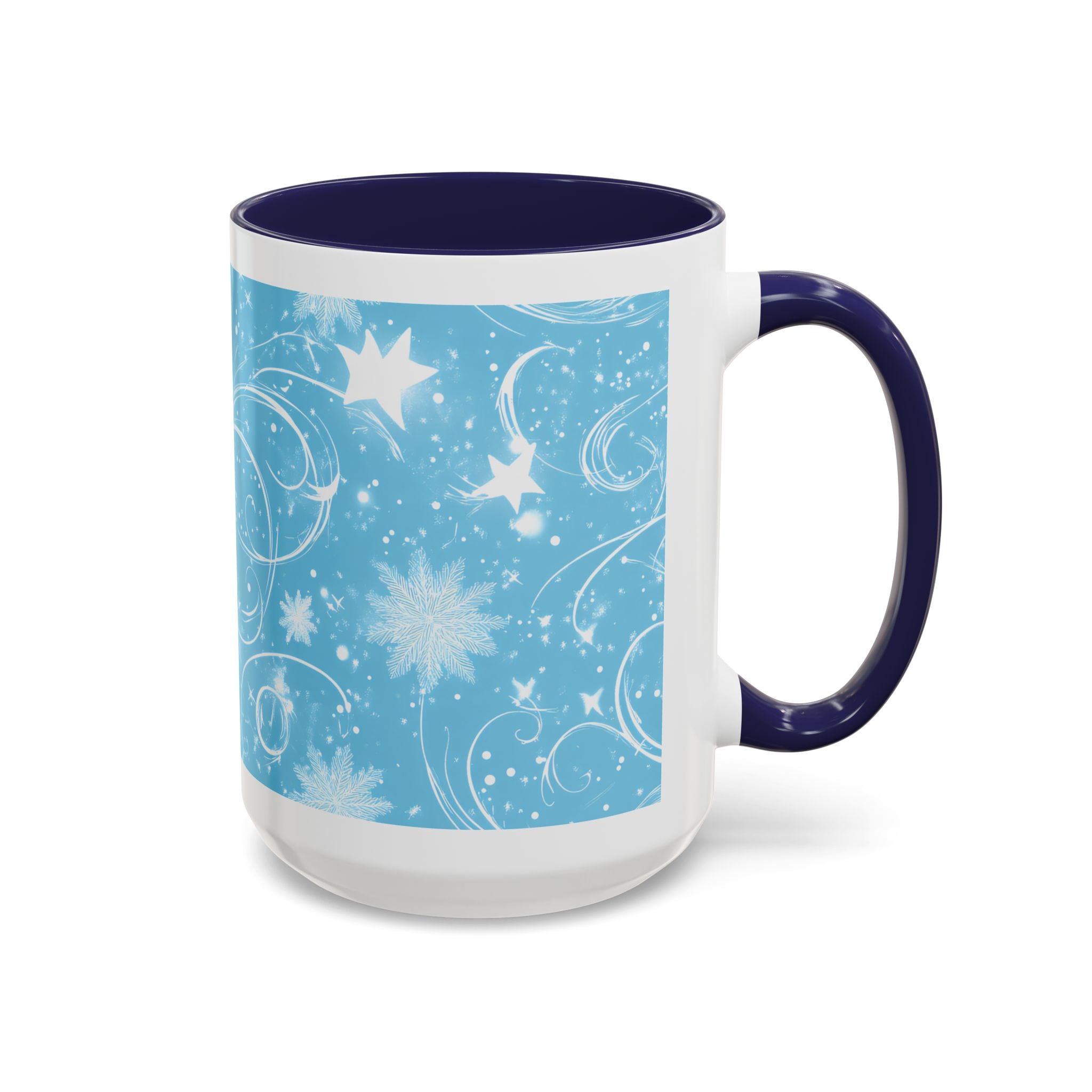 Snowflake Swirl Accent Coffee Mug — Blue Winter Holiday Ceramic Mug (11/15oz)