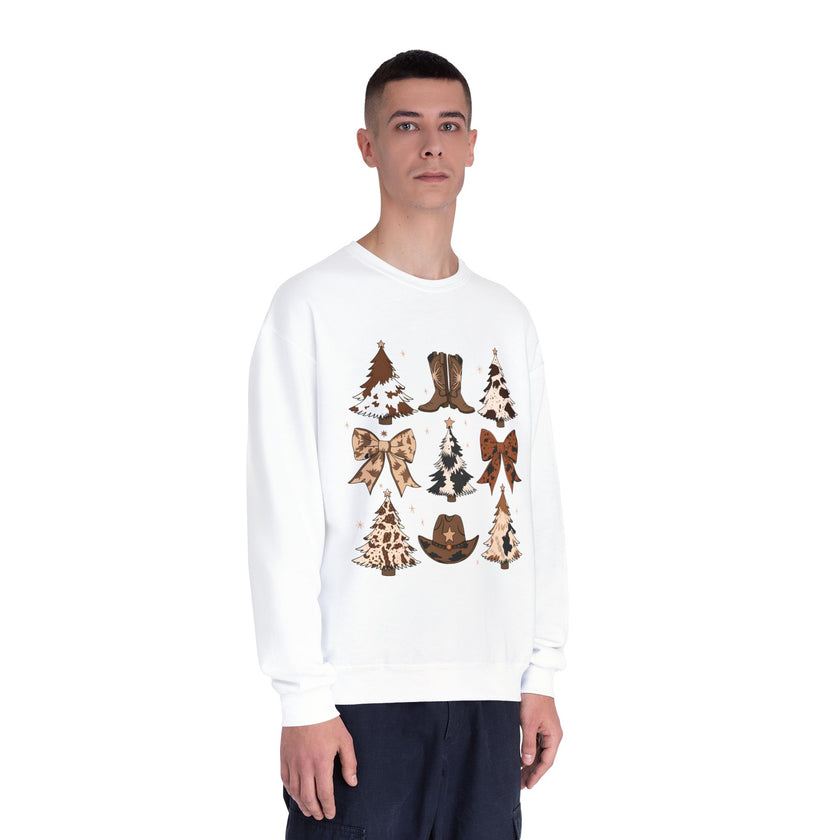 Christmas Cowboy/Cowgirl Sweatshirt — Western Cowhide Trees & Boots Holiday Crewneck