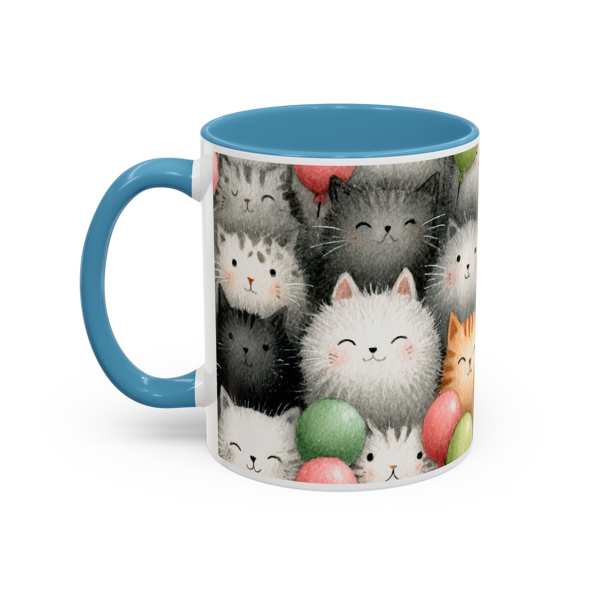 Cute Cat Pattern Accent Coffee Mug — Happy Kittens with Balloons (11/15 oz)