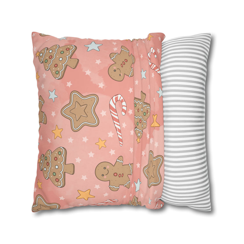 Gingerbread Cookies Pink Holiday Throw Pillow Cover — Faux Suede Square Pillowcase