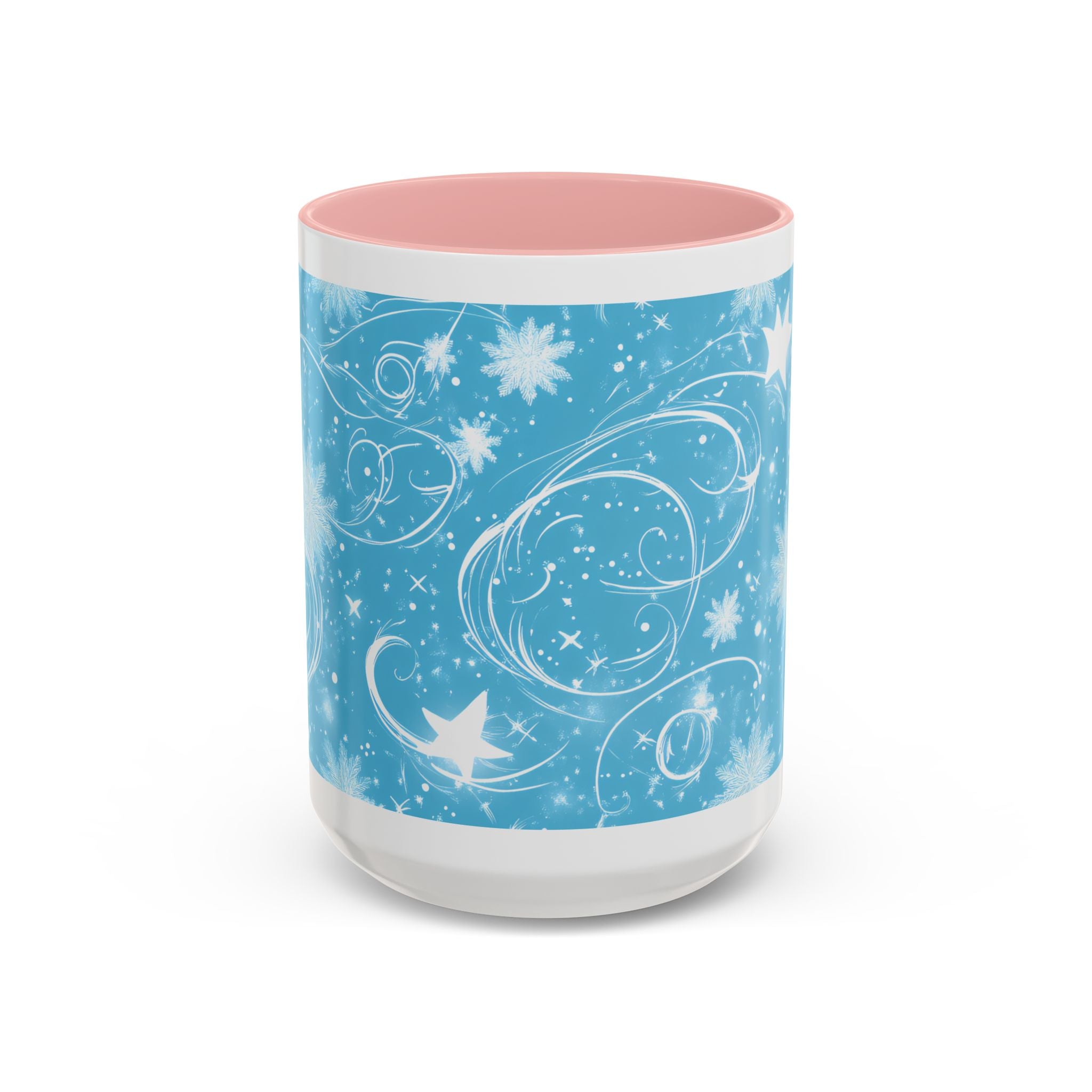 Snowflake Swirl Accent Coffee Mug — Blue Winter Holiday Ceramic Mug (11/15oz)