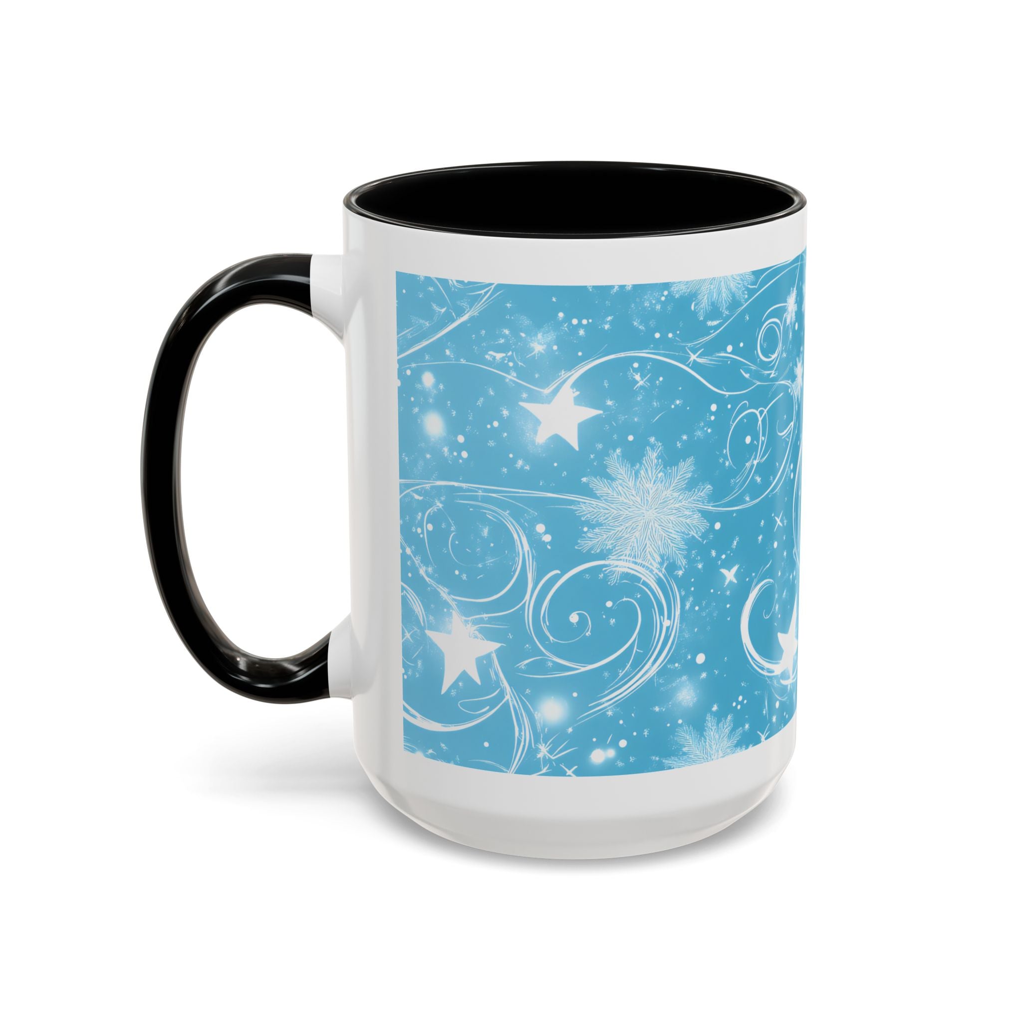 Snowflake Swirl Accent Coffee Mug — Blue Winter Holiday Ceramic Mug (11/15oz)