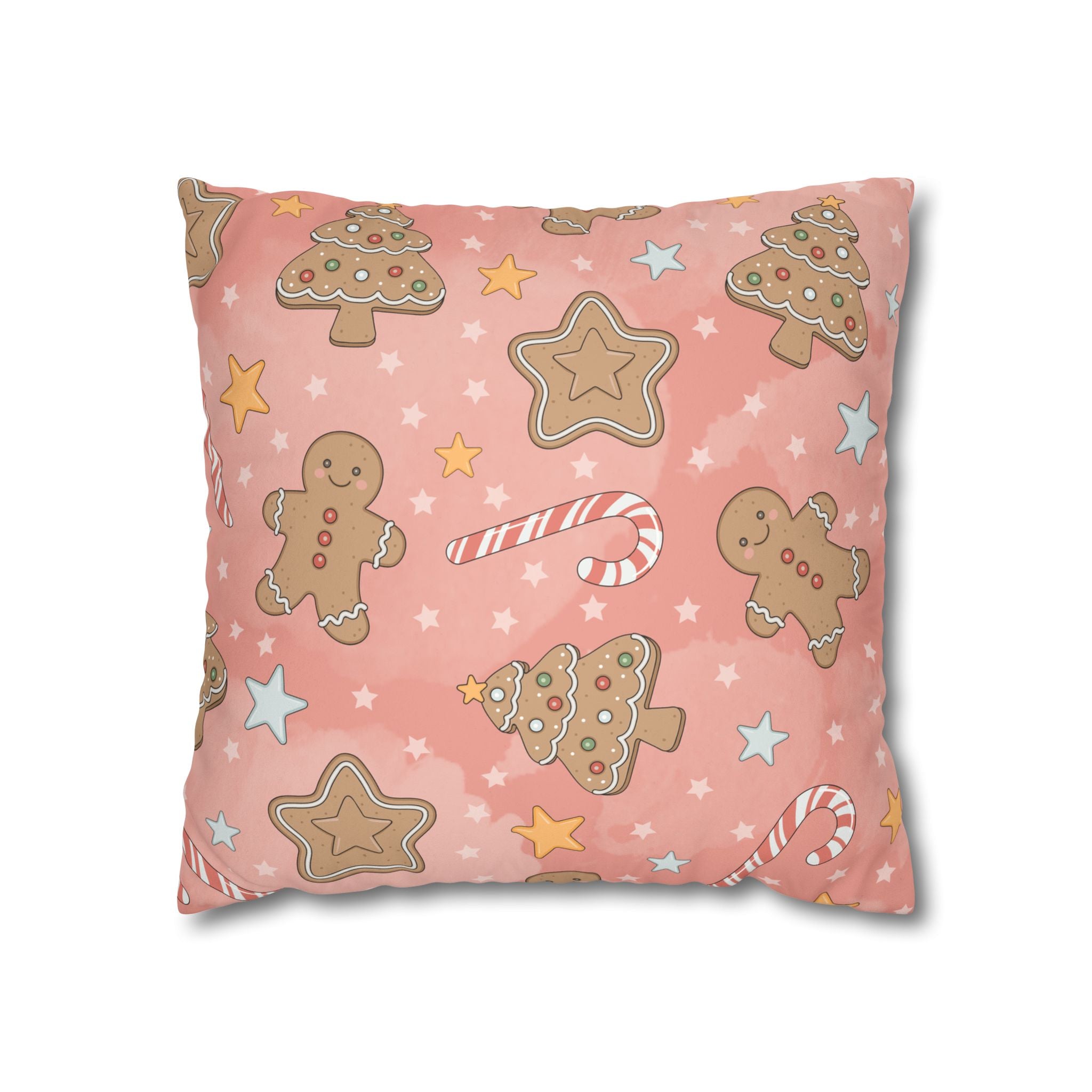 Gingerbread Cookies Pink Holiday Throw Pillow Cover — Faux Suede Square Pillowcase
