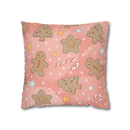 Gingerbread Cookies Pink Holiday Throw Pillow Cover — Faux Suede Square Pillowcase