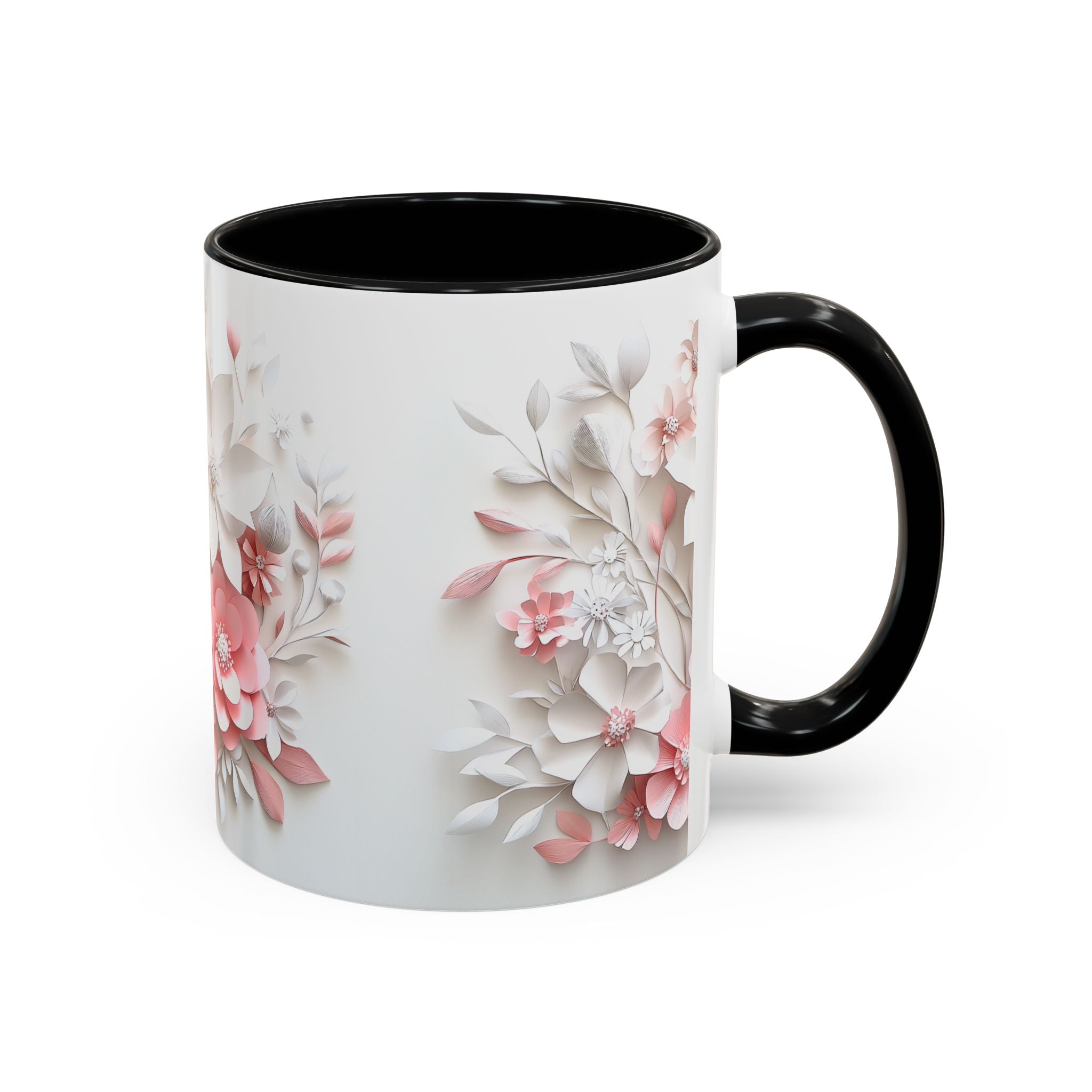 Floral Paper-Cut Accent Coffee Mug — Pink & White Blossom Design (11/15 oz)