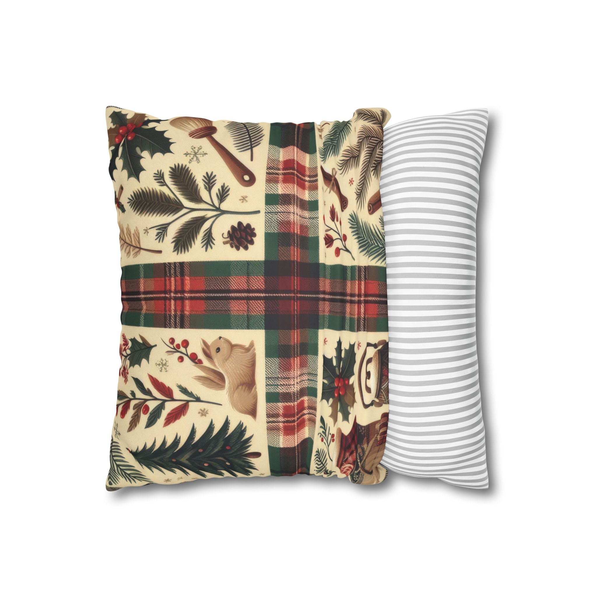 Rustic Holiday Plaid Pillowcase — Winter Woodland Faux Suede Throw Pillow Cover