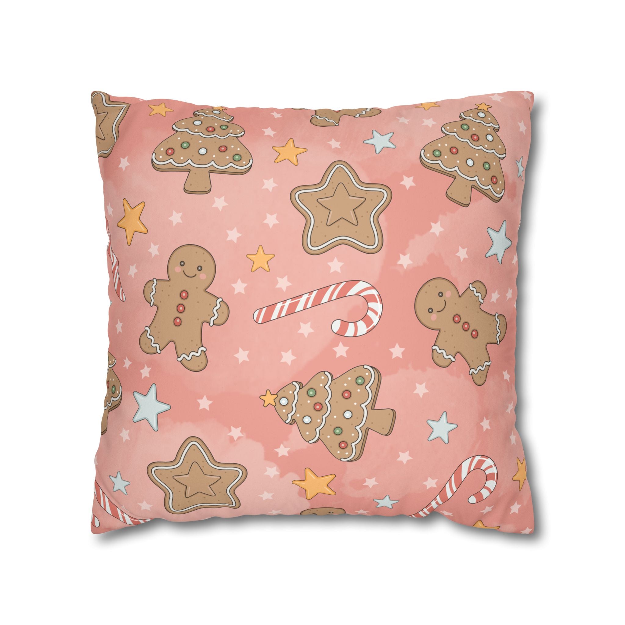 Gingerbread Cookies Pink Holiday Throw Pillow Cover — Faux Suede Square Pillowcase