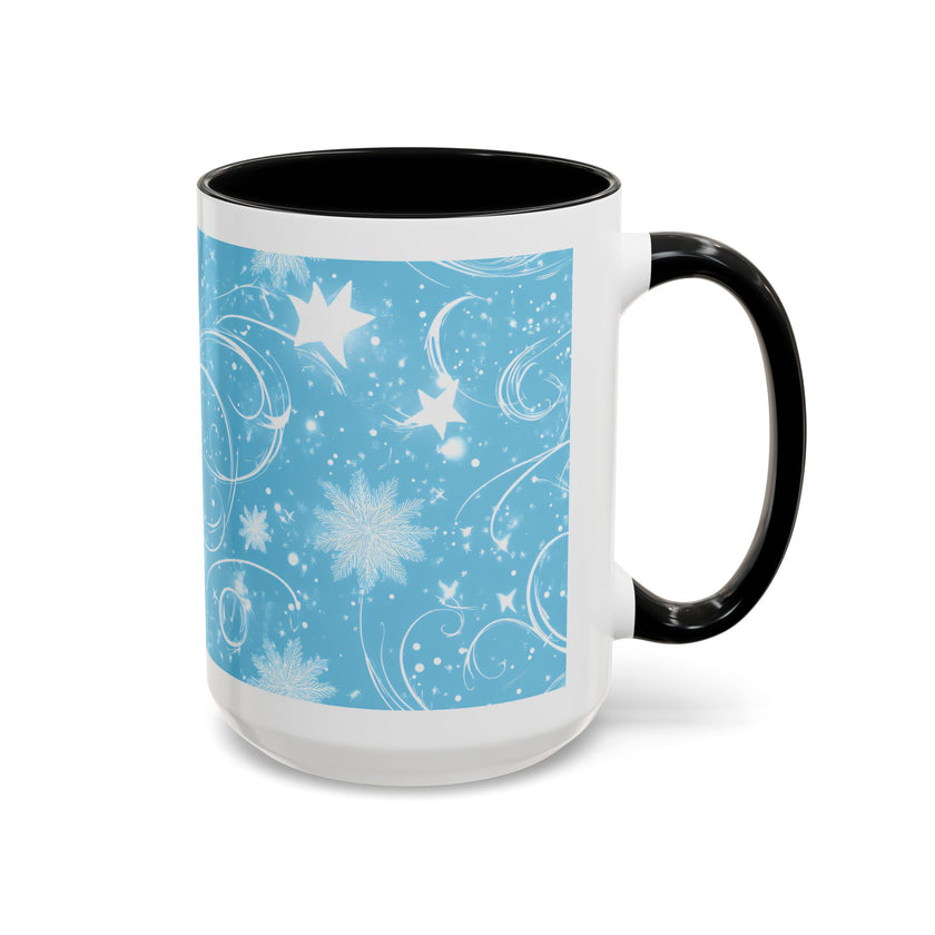 Snowflake Swirl Accent Coffee Mug — Blue Winter Holiday Ceramic Mug (11/15oz)