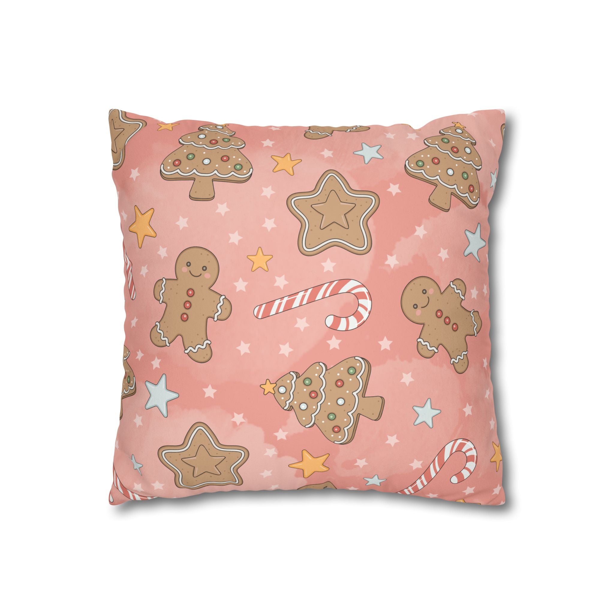 Gingerbread Cookies Pink Holiday Throw Pillow Cover — Faux Suede Square Pillowcase