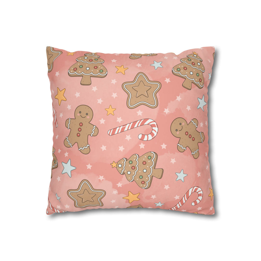 Gingerbread Cookies Pink Holiday Throw Pillow Cover — Faux Suede Square Pillowcase