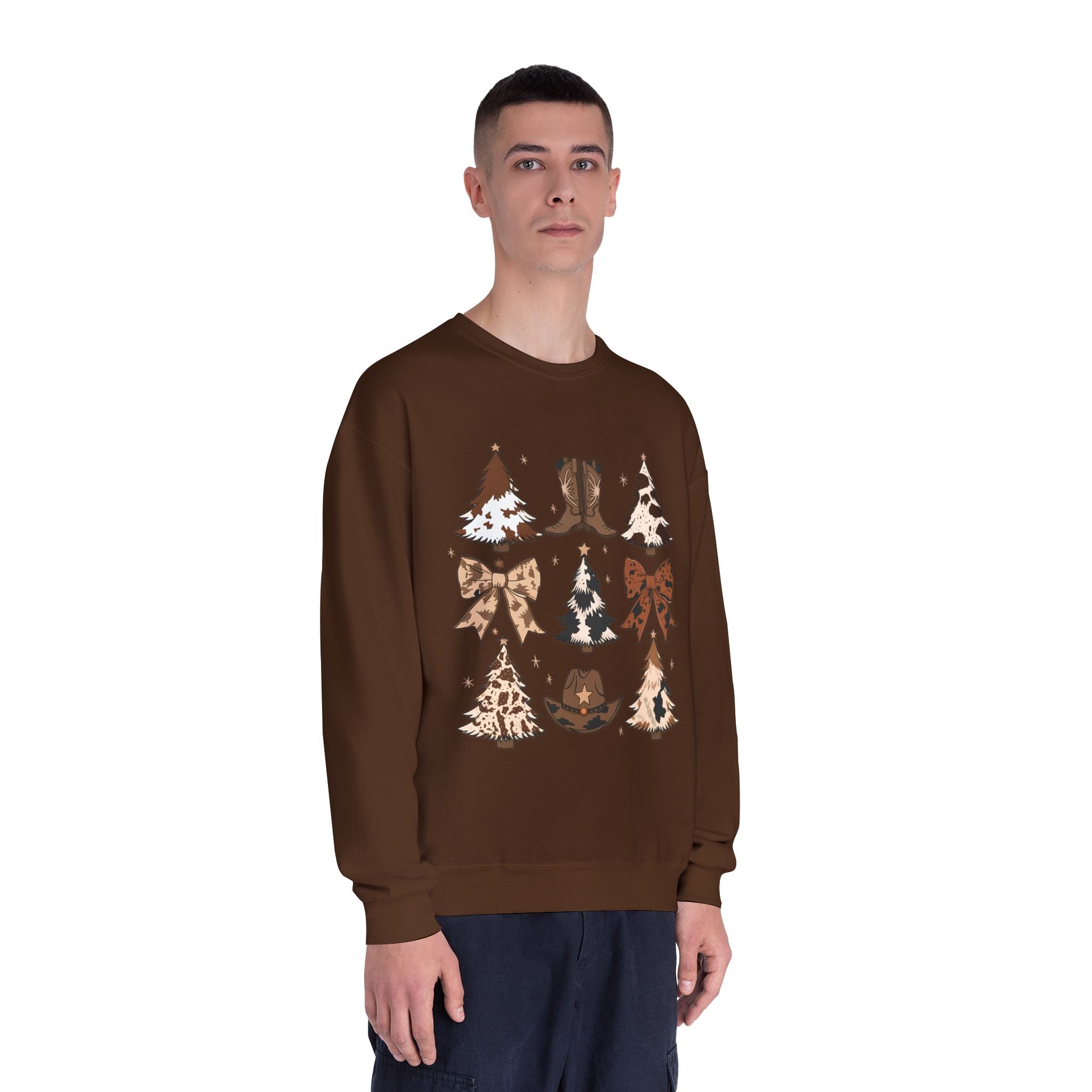 Christmas Cowboy/Cowgirl Sweatshirt — Western Cowhide Trees & Boots Holiday Crewneck