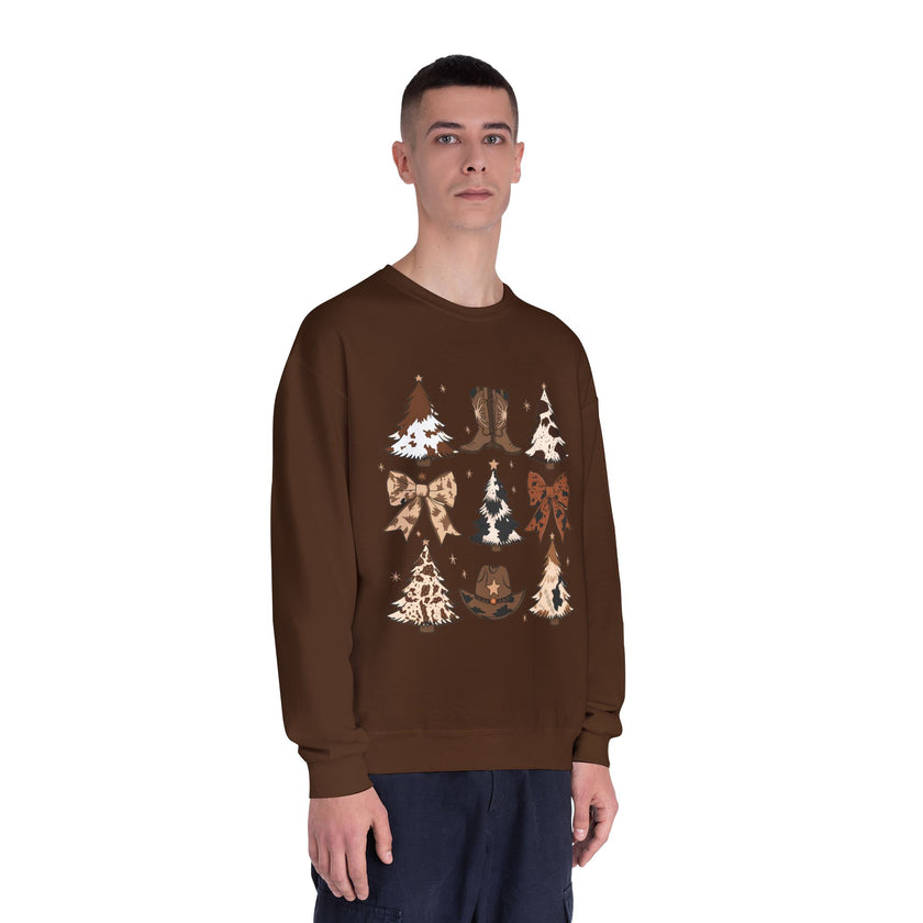 Christmas Cowboy/Cowgirl Sweatshirt — Western Cowhide Trees & Boots Holiday Crewneck