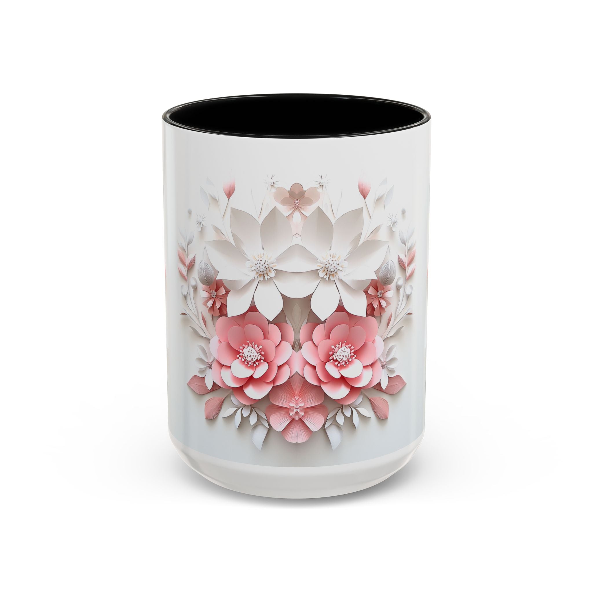 Floral Paper-Cut Accent Coffee Mug — Pink & White Blossom Design (11/15 oz)
