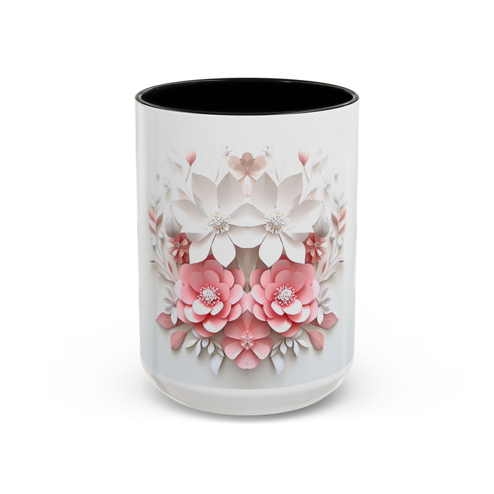 Floral Paper-Cut Accent Coffee Mug — Pink & White Blossom Design (11/15 oz)