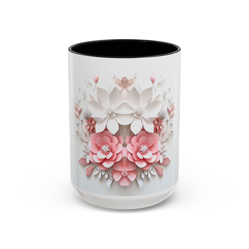 Floral Paper-Cut Accent Coffee Mug — Pink & White Blossom Design (11/15 oz)