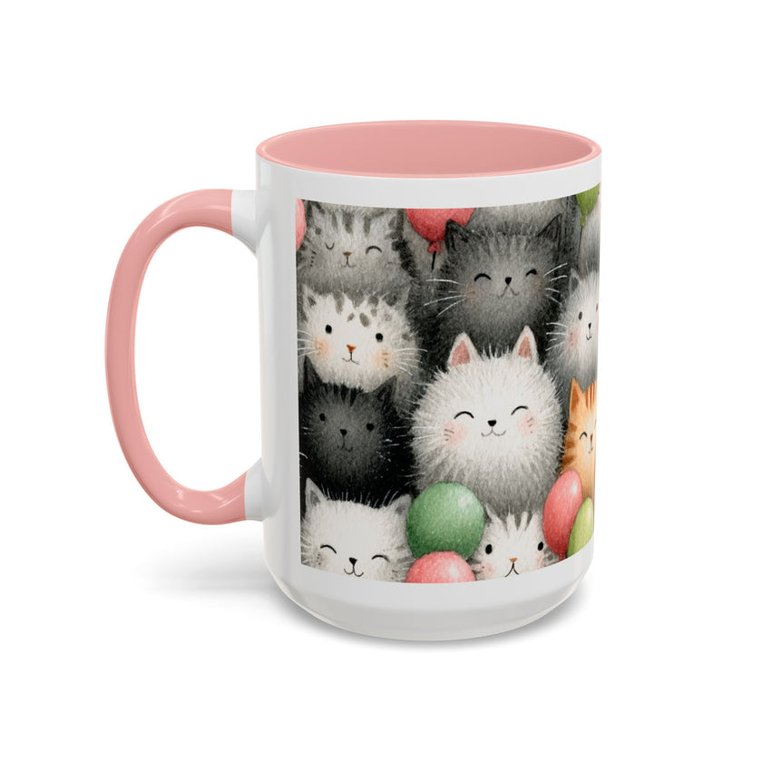 Cute Cat Pattern Accent Coffee Mug — Happy Kittens with Balloons (11/15 oz)