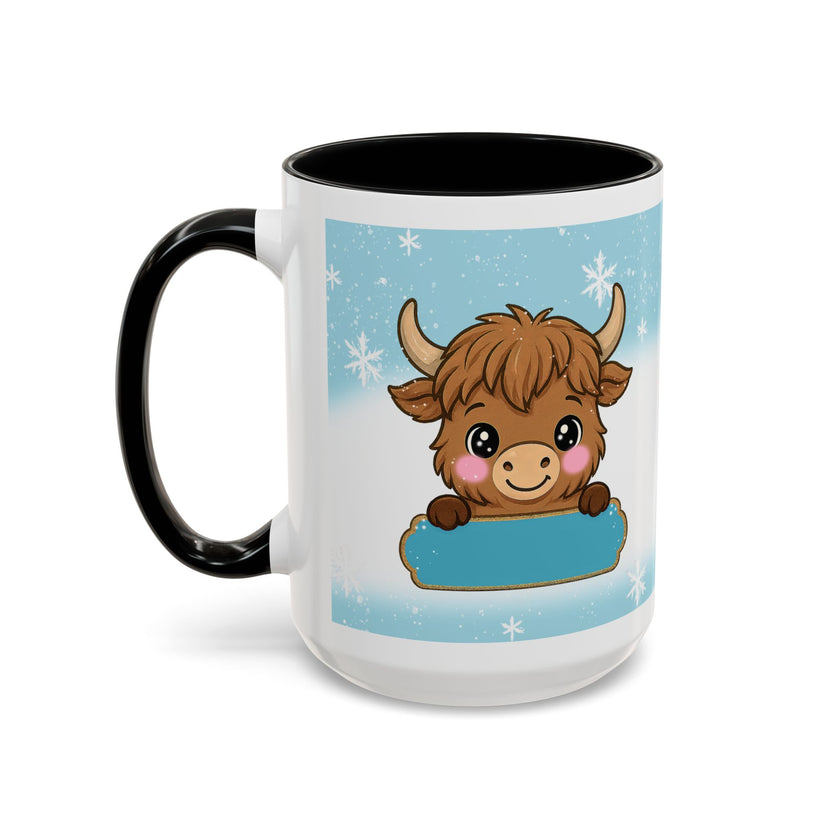 Cute Highland Cow Accent Coffee Mug — Winter Snowflake Design