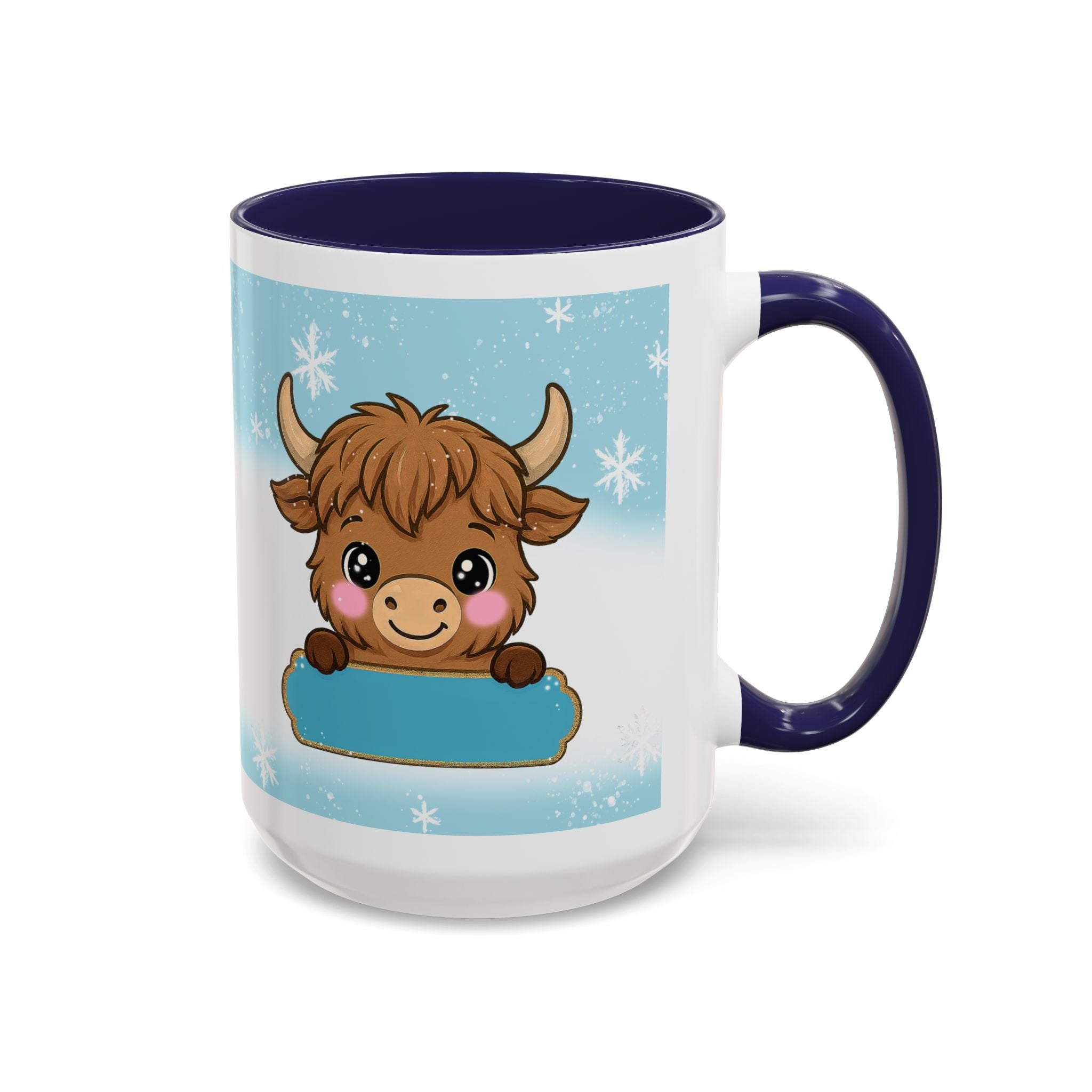Cute Highland Cow Accent Coffee Mug — Winter Snowflake Design