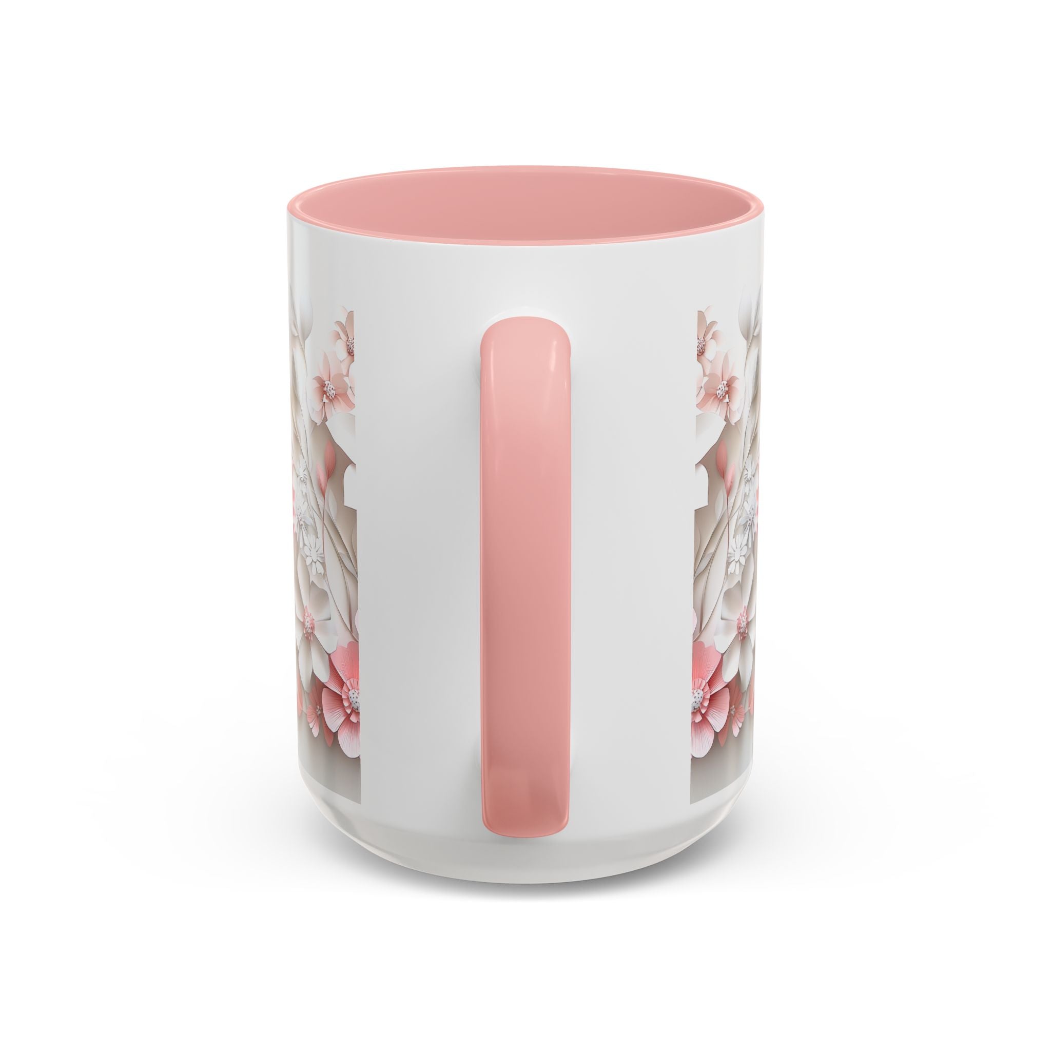 Floral Paper-Cut Accent Coffee Mug — Pink & White Blossom Design (11/15 oz)
