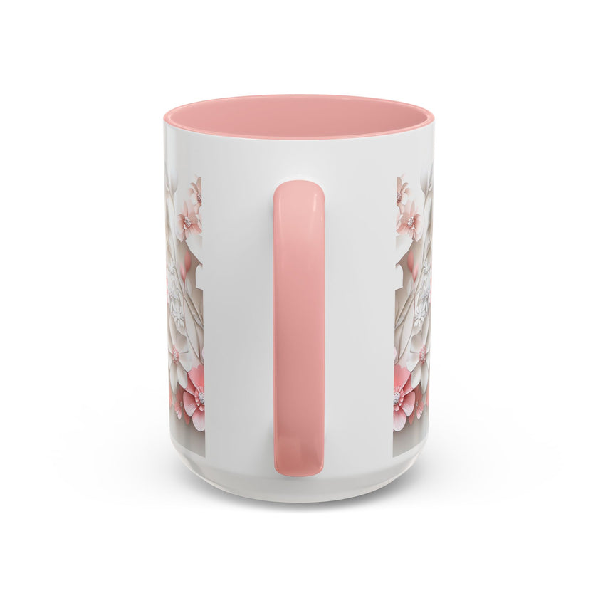 Floral Paper-Cut Accent Coffee Mug — Pink & White Blossom Design (11/15 oz)