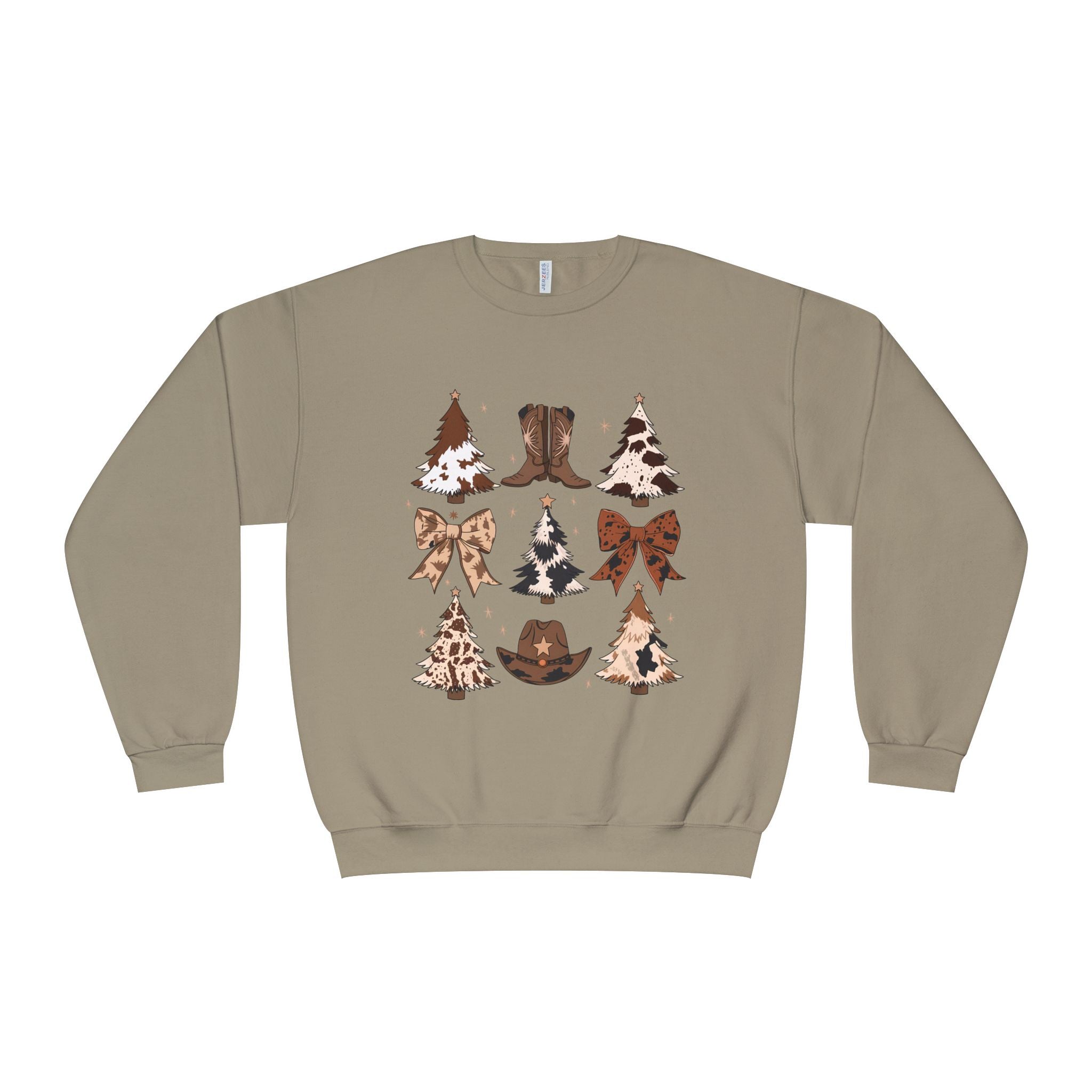 Christmas Cowboy/Cowgirl Sweatshirt — Western Cowhide Trees & Boots Holiday Crewneck