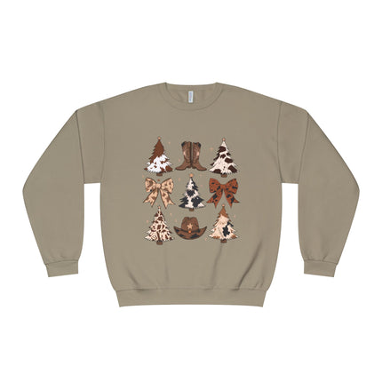 Christmas Cowboy/Cowgirl Sweatshirt — Western Cowhide Trees & Boots Holiday Crewneck
