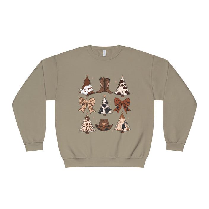 Christmas Cowboy/Cowgirl Sweatshirt — Western Cowhide Trees & Boots Holiday Crewneck