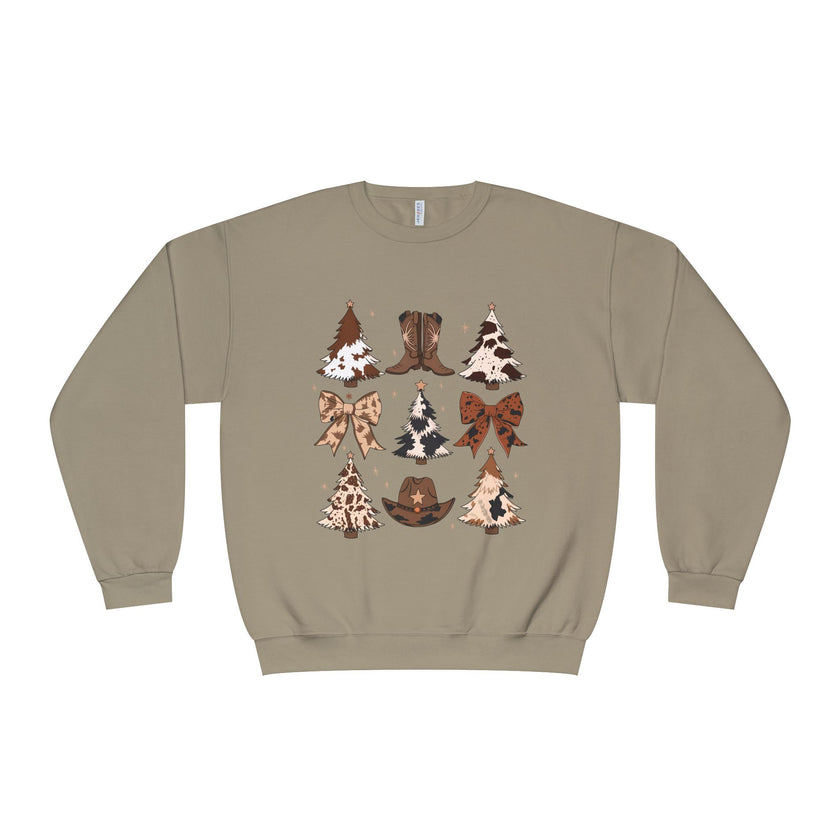 Christmas Cowboy/Cowgirl Sweatshirt — Western Cowhide Trees & Boots Holiday Crewneck