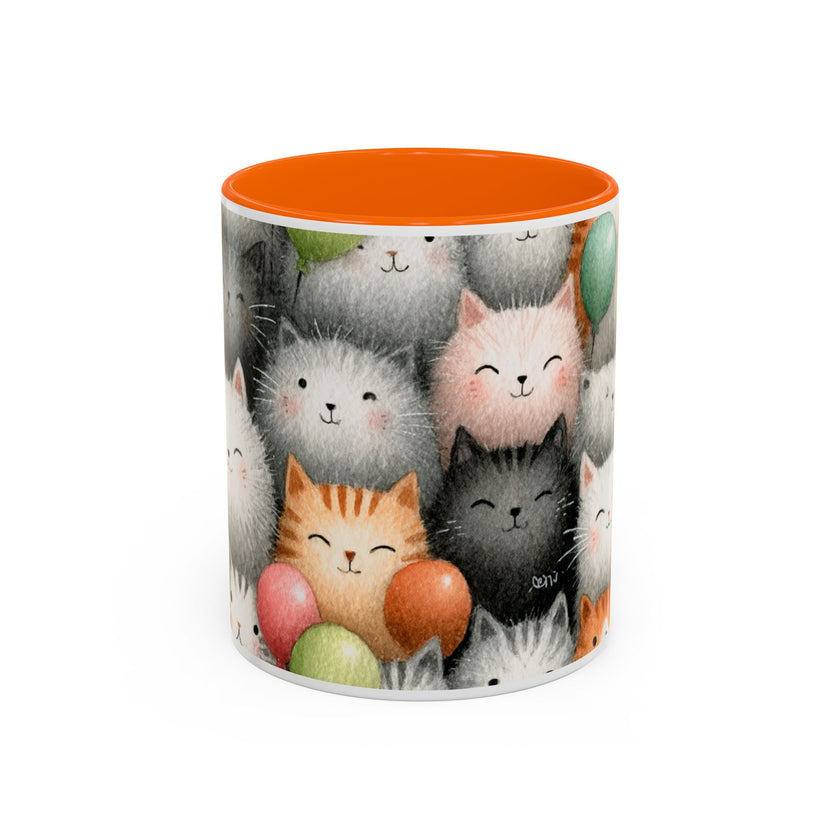 Cute Cat Pattern Accent Coffee Mug — Happy Kittens with Balloons (11/15 oz)