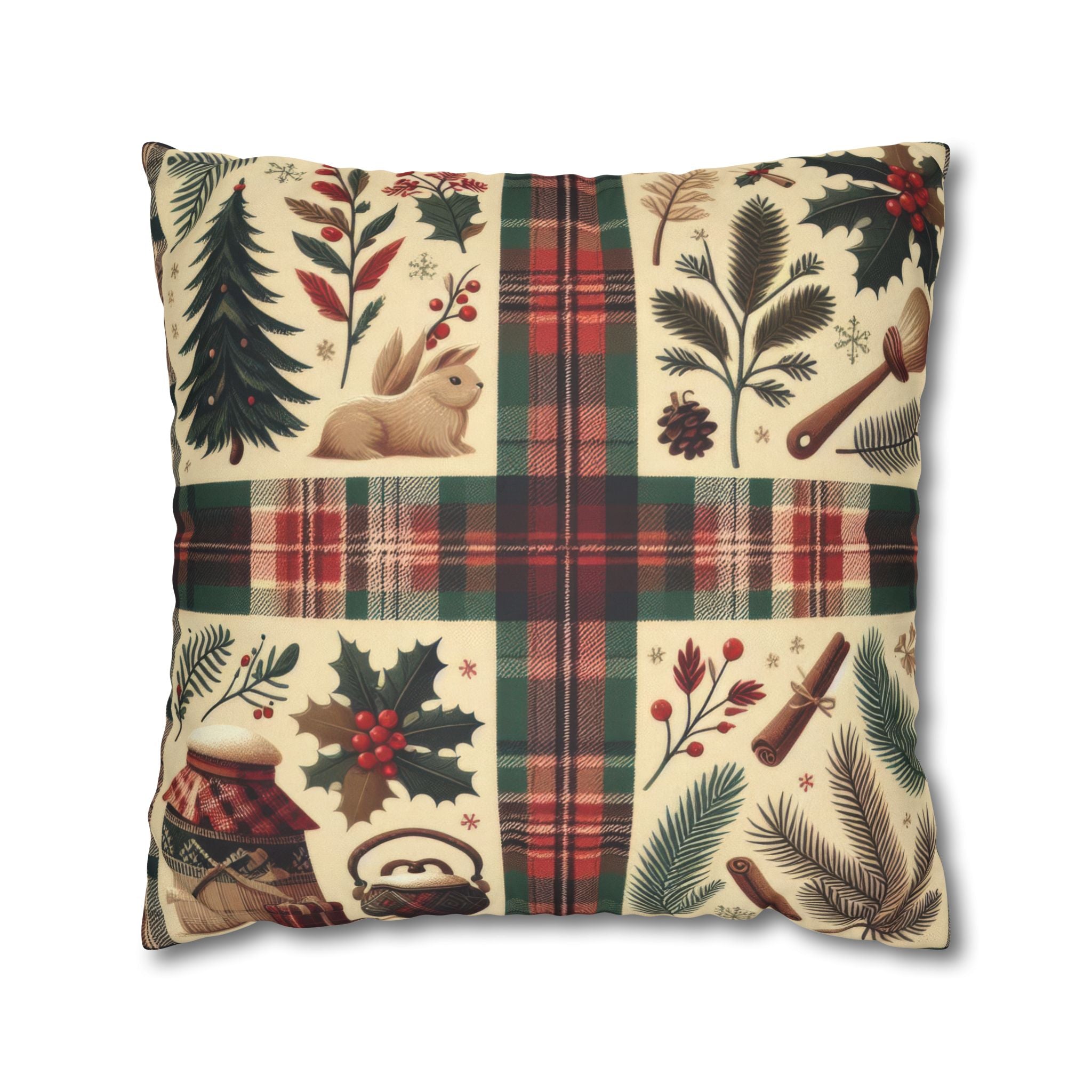 Rustic Holiday Plaid Pillowcase — Winter Woodland Faux Suede Throw Pillow Cover